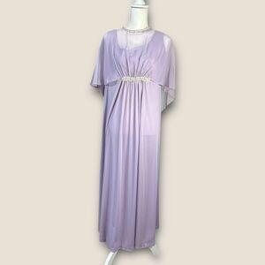Vintage 70's Lavender Chiffon Empire Waist Gown w Beaded Neckline - M